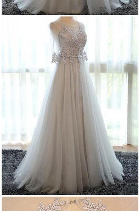 Women's Tulle Lace Evening Dress 3/4 Sleeves Prom Gown Open Back Homecoming Dress Appliques Prom Dress