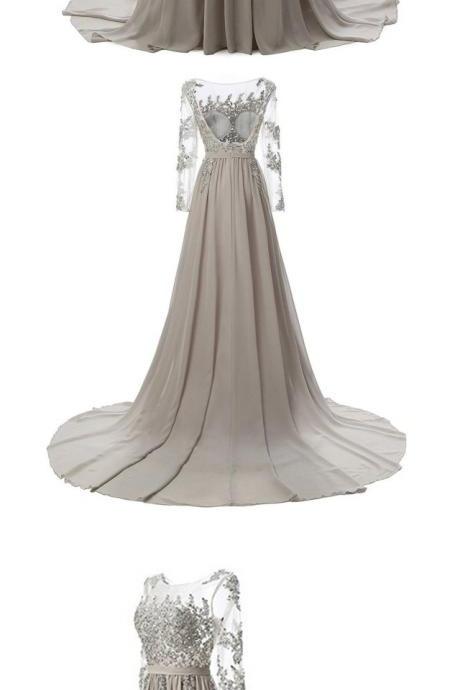 Women's Long Evening Dresses Chiffon Lace A Line Prom Party Gown With Long Sleeves