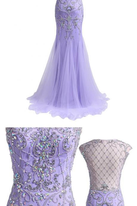 Women's Tulle Prom Dresses A-line Beaded Bodice Transparent Back Party Dresses