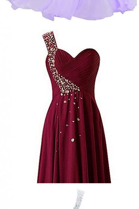 Women's One Shoulder Long Bridesmaid Prom Dresses Sweetheart Chiffon Evening Gowns With Crystal