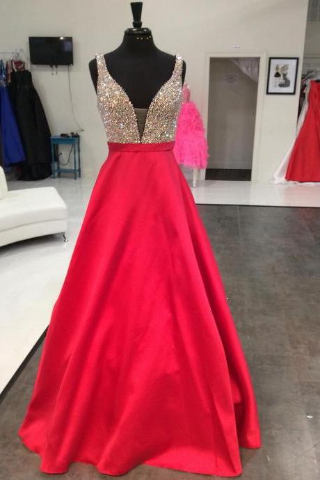 Prom Dress,modest Prom Dress,red Satin Long Prom Dresses Sparkly Beaded V Neck Evening Gowns 2017
