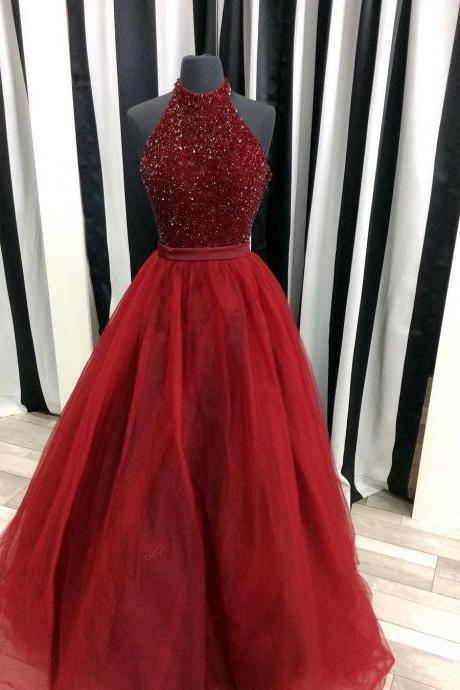 Prom Dress,modest Prom Dress,sparkly Beaded Halter Long Organza Ball Gowns Prom Dress 2017 Burgundy Evening Gowns