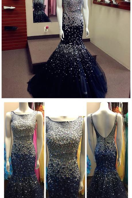 Prom Dress,modest Prom Dress,navy Blue Prom Dress,crystal Beaded Mermaid Prom Dress,luxury Evening Gowns
