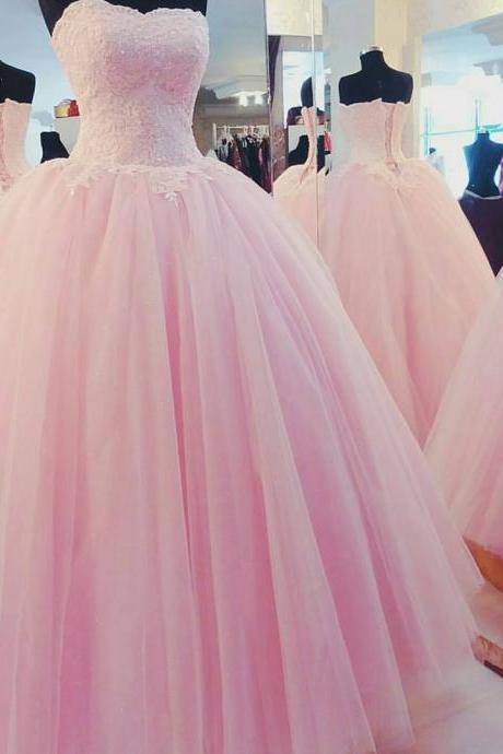 New Arrival Prom Dress,Modest Prom Dress,pink tulle wedding dresses lace appliques,ball gown wedding dresses