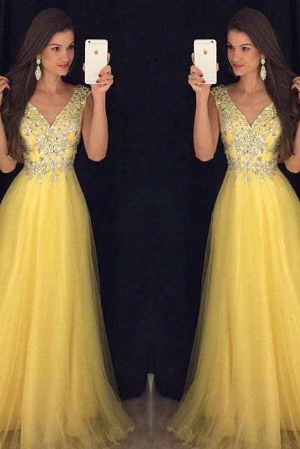 Prom Dress,modest Prom Dress,deep V Neck Long Yellow Prom Dresses 2017 Cap Sleeves Evening Gowns