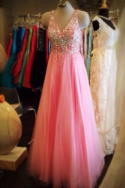 V-neck Crystal Prom Dress,floor Length Pink Prom Dresses