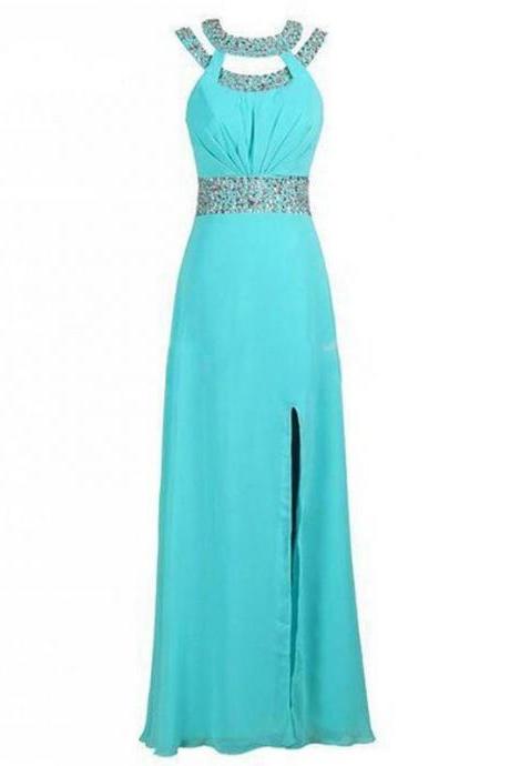 Halter Long Chiffon Prom Dress,blue Prom Dresses