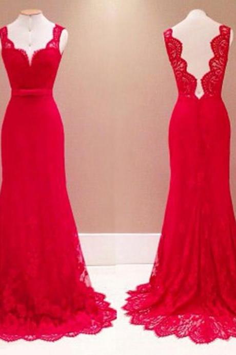 Lace V-back Prom Dress,red Long Prom Dresses