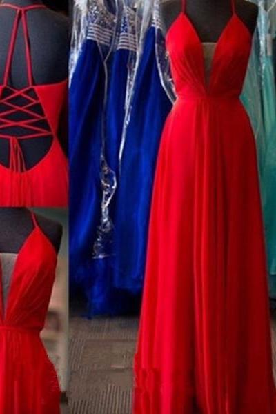 A-line Red Spaghetti Straps Prom Dress,evening Dress