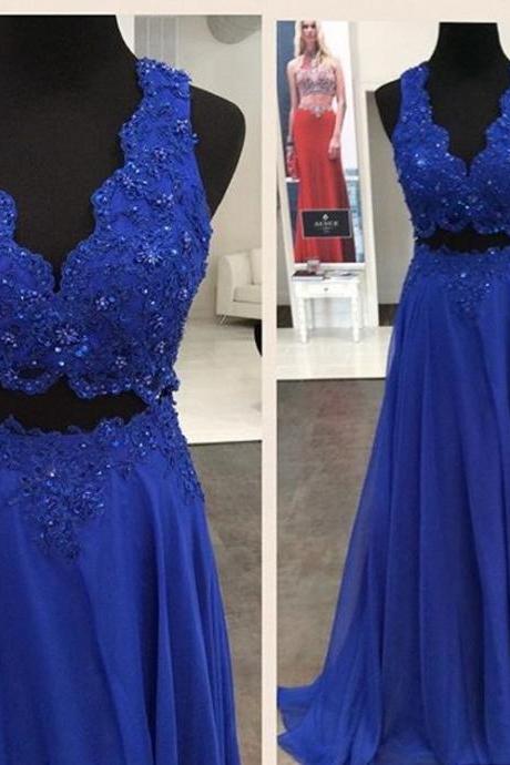 V-neck Royal Blue A-line Prom Dress,evening Dress