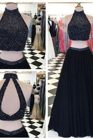 Black Beaded Prom Dress,two Piece Long Prom Dresses