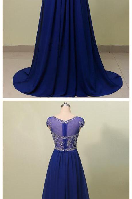 Royal Blue A Line Beaded Long Prom Dress With Cap Sleeves