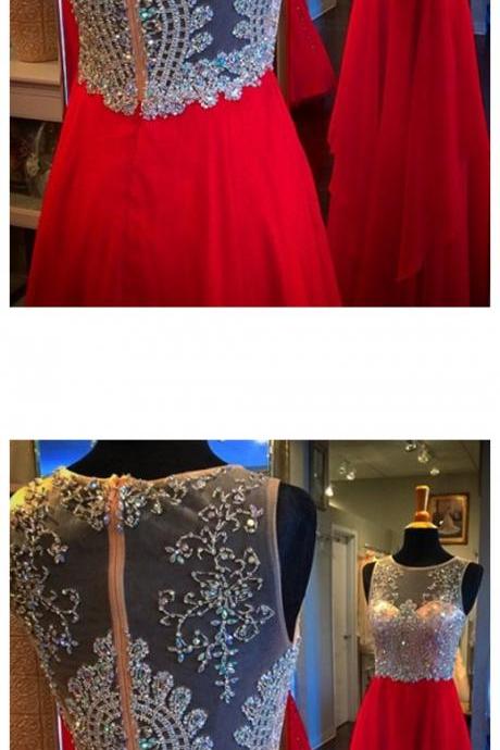 Red Sleeveless Beaded Floor Length Long Prom Dress 2017