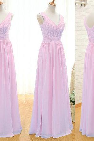 pink bridesmaid dress, floor-length bridesmaid dress, bridesmaid dress, long bridesmaid dress, chiffon bridesmaid dress, v-neck bridesmaid dress, cheap bridesmaid dress