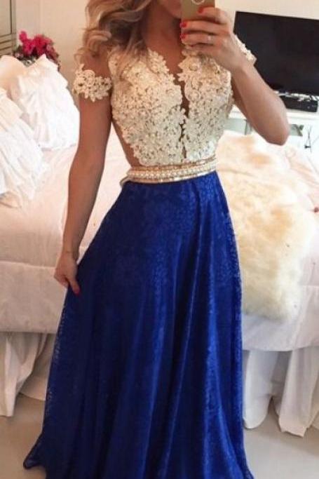 Short Sleeves Lace Long Prom Dresses, Illusion Beaded Party Dresses, White And Blue Pearls Beaded Sheer Formal Evening Gowns, Emerald Green Prom