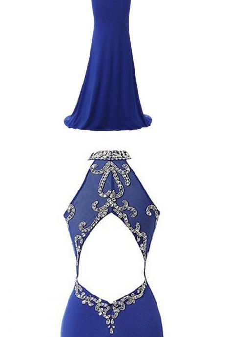 Pretty Crystal Tulle High Neck Prom Dress, Sexy Open Back Royal Blue Long Prom Dress, Chiffon Trumpet Sweep Train Prom Dress