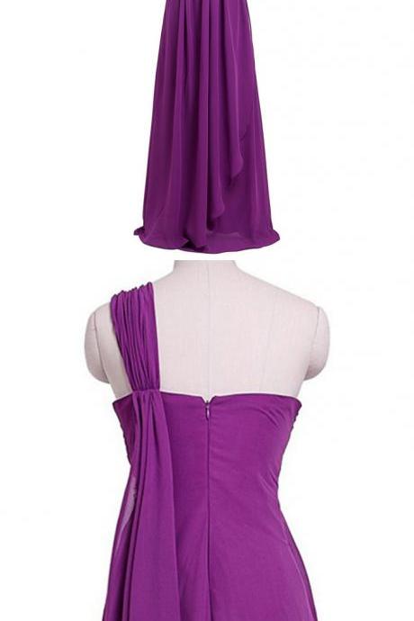 Asymmetric One Shoulder Cap Sleeve Prom Dress, Bead Ruched Long Empire Prom Dress, Elegant Lilac Sequins Chiffon Prom Dress