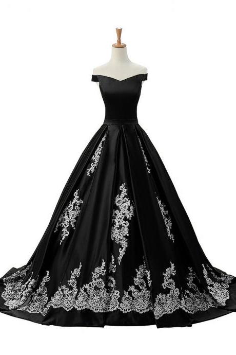 Chic Off The Shoulder Pleats Black Prom Dress, Princess Lace-up Satin Prom Dress, Lace Appliques Long Sweep Train Prom Dress