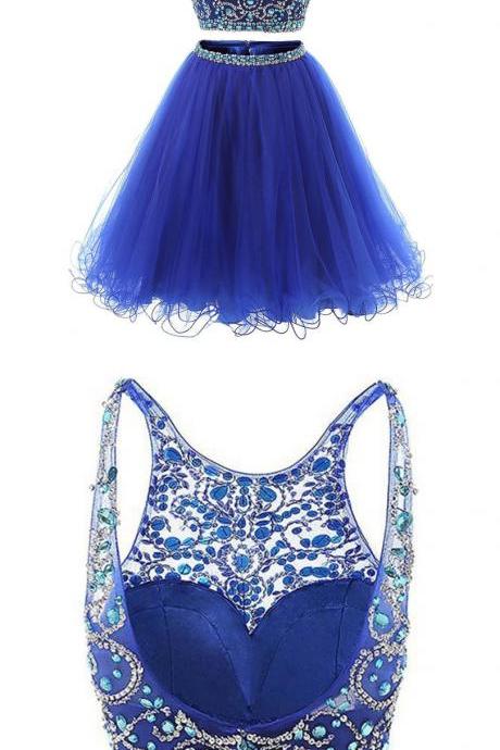 Jewel Neck Illusion Sequins Crystal Prom Dress, Shining Two Piece Low Back Short Prom Dress, Royal Blue Mini Tulle Prom Dress