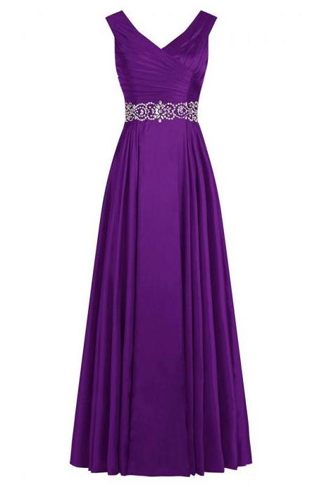 Vintage Purple Pleats Long Prom Dress, V Neck Ruched Sequins A-line Prom Dress, Stunning Crystal Beaded Belt Satin Prom Dress