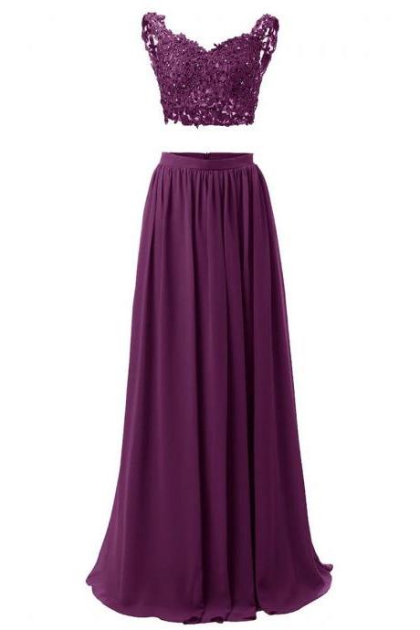 Rounded Sweetheart Purple Long Prom Dress, Low Back Two Piece Chiffon Prom Dress, Lace Appliques Floor Length Prom Dress