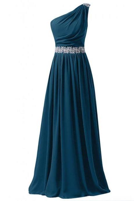 Sequins One Shoulder Steel Blue Prom Dress, Beaded Lace Appliques Belt Prom Dress, Lace-up A-line Long Chiffon Prom Dress