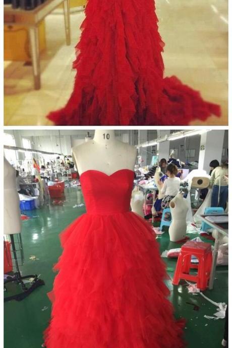 Red Sweetheart Ruffles Floor Length Prom Gown 2017, Charming Red Evening Gown, Beautiful Red Formal Dresses