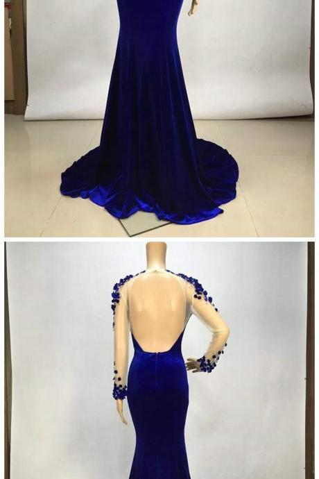 Sexy Royal Blue Long Sleeve Beaded Chiffon Long Prom Dress Evening Dresses