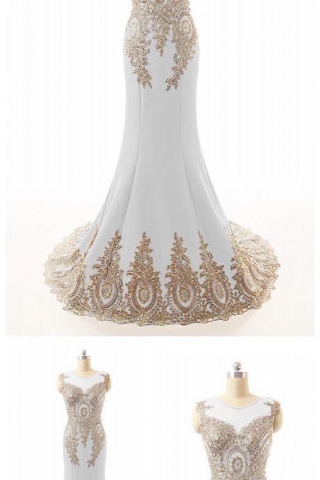 Scoop Appliques Lace Gold And White Mermaid Chiffon Long Prom Dress ,evening Long Dress.long Chiffon Dress