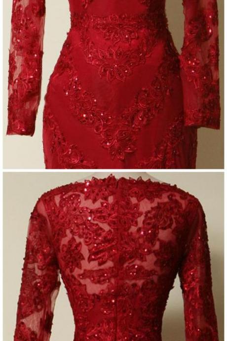 Elegant Long Sleeves Red Lace Mermaid Prom Dress 2017, Party Dress,evening Dress 2018