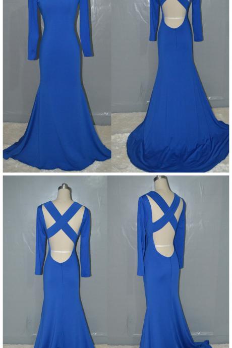 Royal Blue Prom Dress,fashion Mermaid Backless Jersey Long Prom Dress,long Party Dress,long Sleeves Muslim Evening Dress