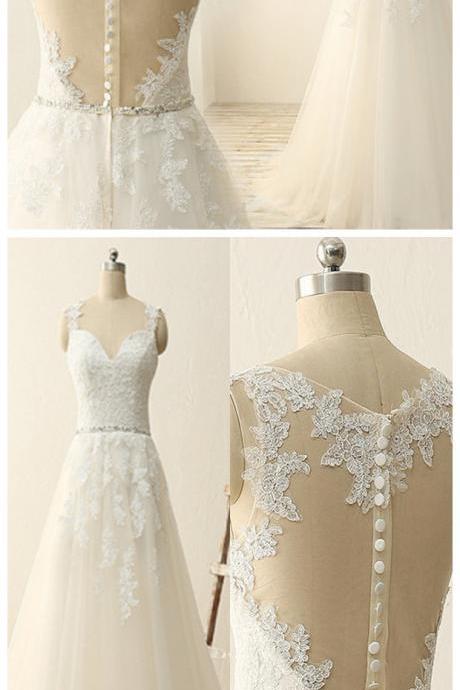 Close Back Lace Tulle Handmade Wedding Dreses,elegant A-line Wedding Gowns,pretty Bridal Gowns