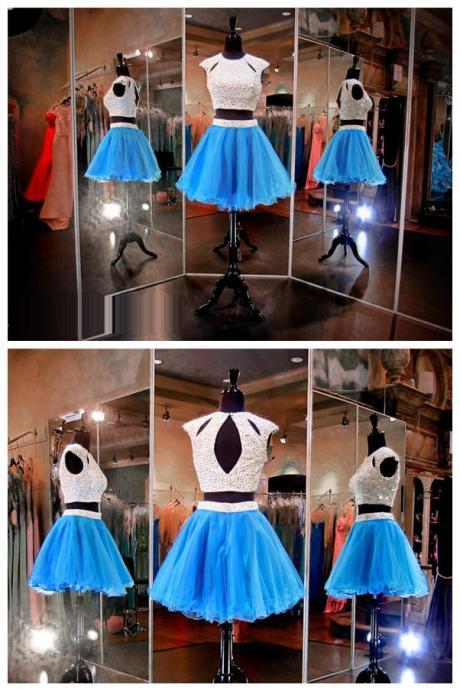 Blue Short Prom Dresses,junior Prom Dresses,two Piece Prom Dress,cap Sleeves Party Dresses, Homecoming Dress,short Evening Dresses,beading Formal