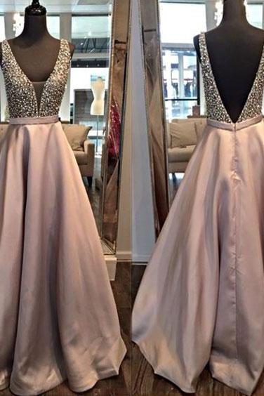 Custom Made Plunging V-neckline Long Satin Bridesmaid Dress With Rhinestone And Crystal Beading