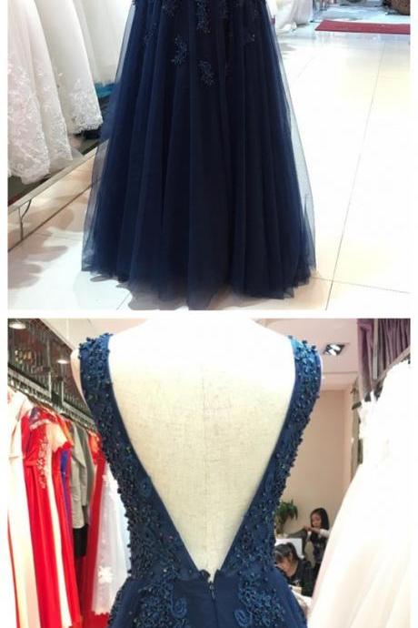 Elegant Navy Blue Tulle Backless Floor Length Prom Dresses, Party Gowns, Evening Dresses, Navy Blue Formal Dresses