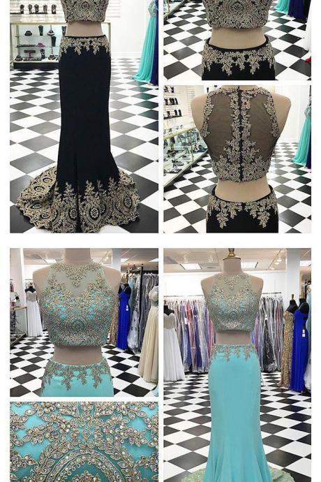 Long Two Pieces Prom Dress, Mermaid Prom Dresses, 2017 Formal Evening Gown, Applique Prom Dress,charming Evening Gown