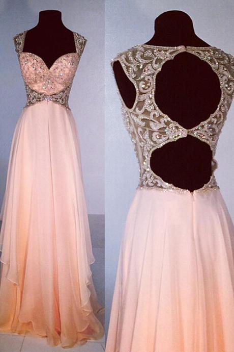 Prom Dress,exquisite V-neck A-line Floor Length Chiffon Peach Prom Dress Beading