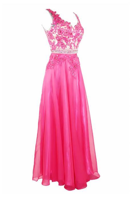 Prom Gown,pretty A-line V-neck Long Chiffon Lace Prom Dress With Rhinestone