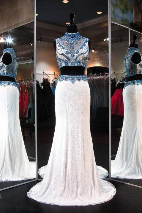 Prom Dresses,2017 Gorgeous Crystals Lace Two-piece Zipper Sleeveless High-neck Evening Dress