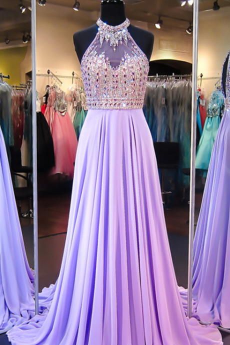 Prom Dresses,modern Halter Crystals 2017 Evening Dress Chiffon Sleeveless A-line Sweep Train Prom Dress