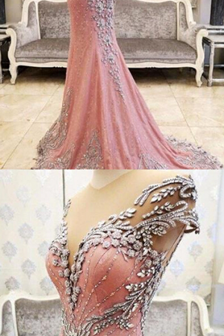 Prom Dress,modest Prom Dress,luxurious Crystal Pink Mermaid Evening Dress 2017 Zipper Button Back