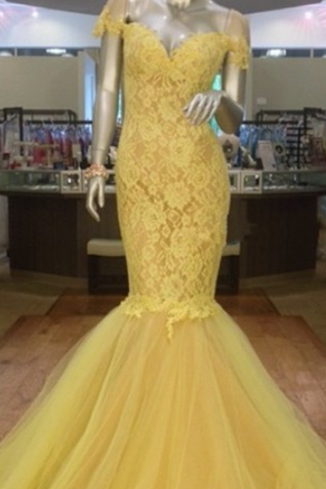 Prom Dress,modest Prom Dress,stunning Yellow Off The Shoulder Short Sleeves 2017 Evening Dress Lace Mermaid Prom Gown