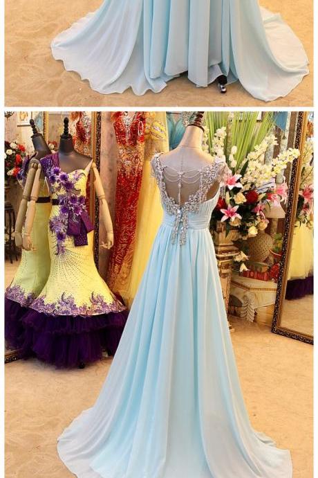 A-line Backless Blue Evening Dresses V-neck Crystal Beading Blingbling Prom Gowns