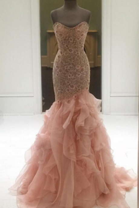 Elegant Mermaid Sweetheart Tiered Sweep Train Blush Prom Dress With Lace
