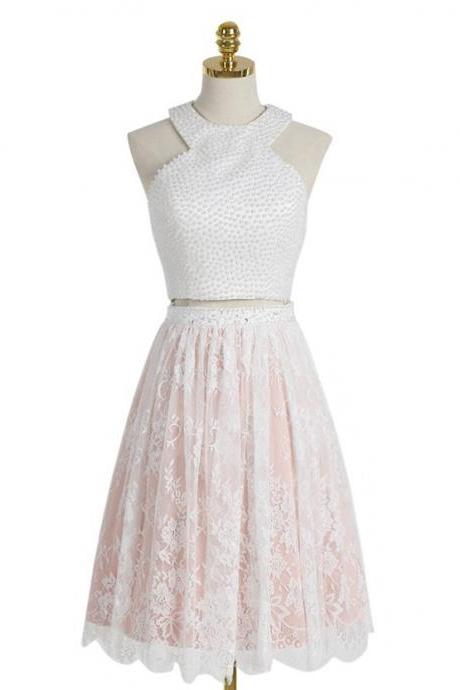 Two-piece Homecoming Dress Featuring Knee-length Lace Skirt And Cropped Beaded Halter Neck Bodice