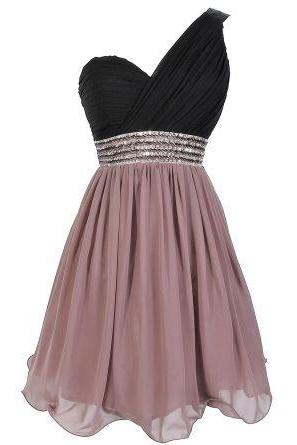 Purple Short Chiffon A-line Homecoming Dress Featuring Black Ruched One Shoulder Bodice With Crystal Embellishment