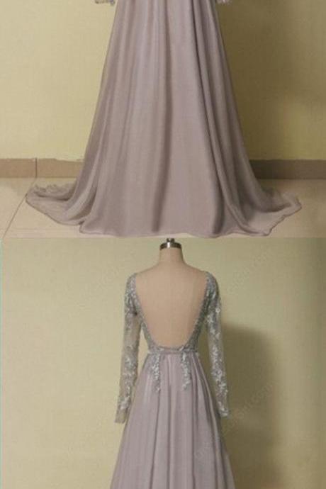 Gray Prom Dresses,backless Prom Dress,long Sleeves Prom Dress,gray Prom Dresses,formal Gown,lace Slit Evening Gowns,modest Party Dress,prom Gown