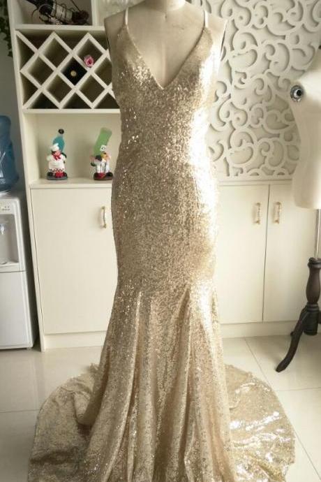 Sequin Prom Dresses,modest Prom Gown, Prom Gowns,sequined Evening Dress,gold Evening Gowns,sexy Sequined Party Gowns