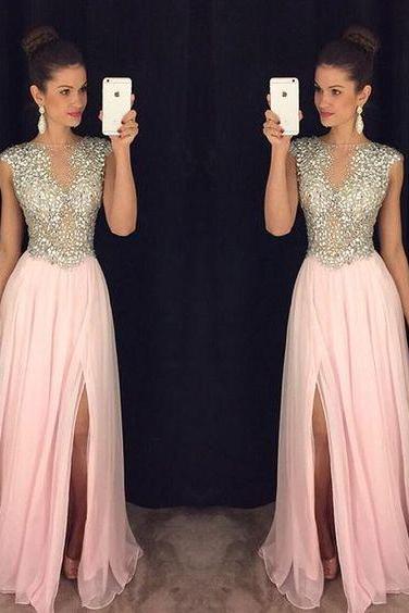 Split Prom Dresses,beaded Evening Gowns,sexy Formal Dresses,sparkle Pink Prom Dresses,split Evening Gown,slit Evening Dress,sparkle Prom Gowns