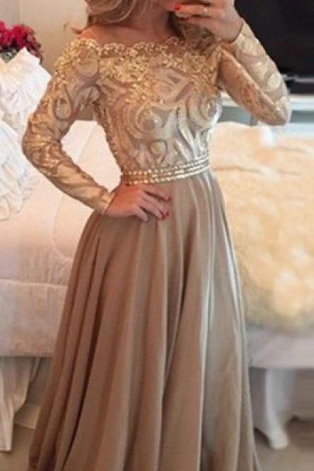 Gold Chiffon Long Prom Dresses Sexy Party Gowns Evening Dress,off The Shoulder Prom Gowns With Long Sleeves